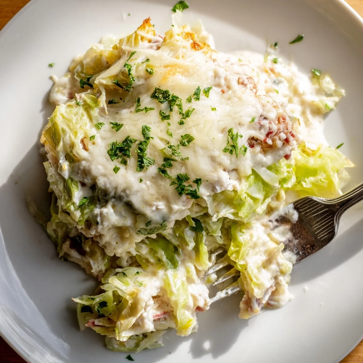 Hearty corned beef cabbage parmesan bake served fresh from the oven with gooey golden cheese layer