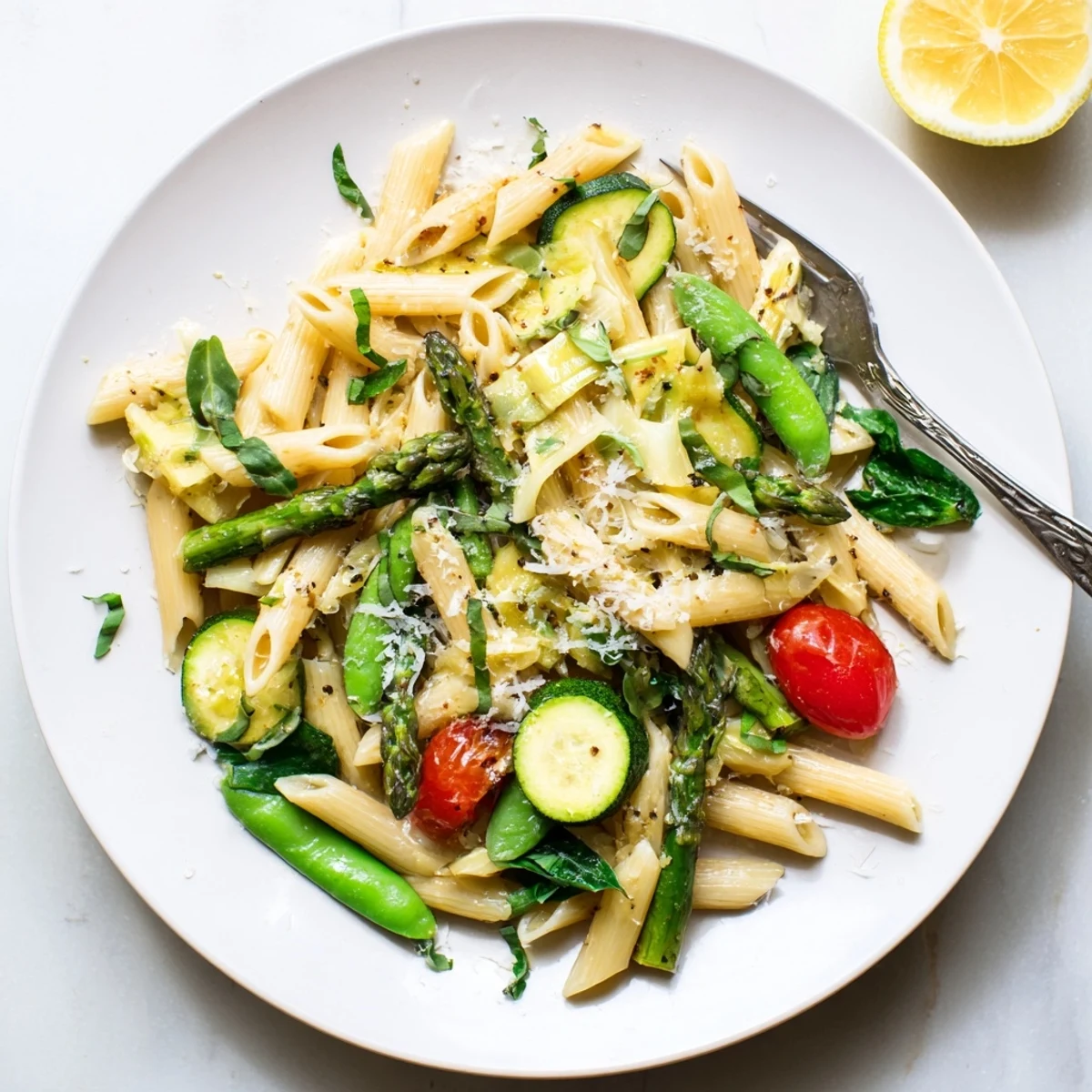 Creamy one pot spring vegetable pasta with colorful cherry tomatoes, spinach, and fresh basil garnish