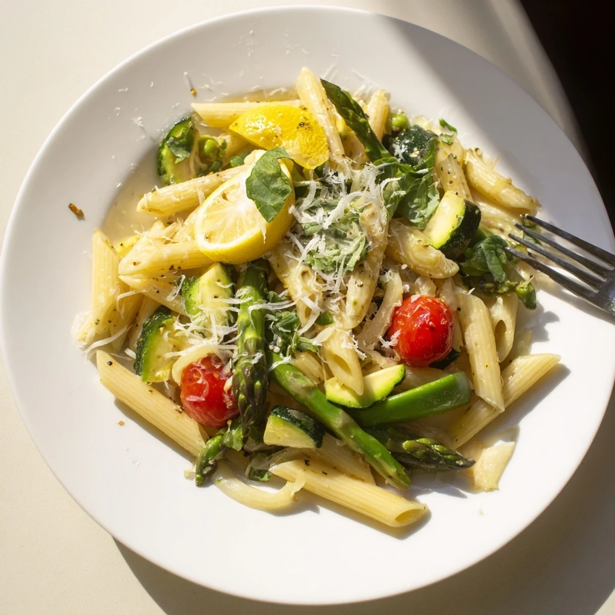 Vibrant Italian-inspired one pot spring vegetable pasta showcasing seasonal vegetables tossed with penne and lemon zest