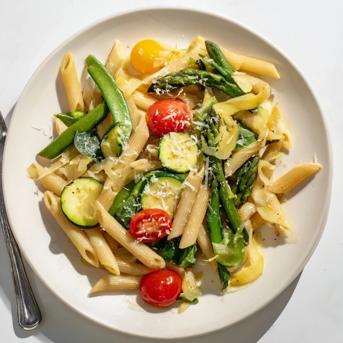 One pot spring vegetable pasta featuring tender asparagus, snap peas, and zucchini in a light lemon Parmesan broth