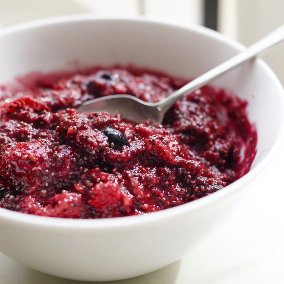 Spoonful of chunky easy berry chia seed jam glistening with mixed berry juices