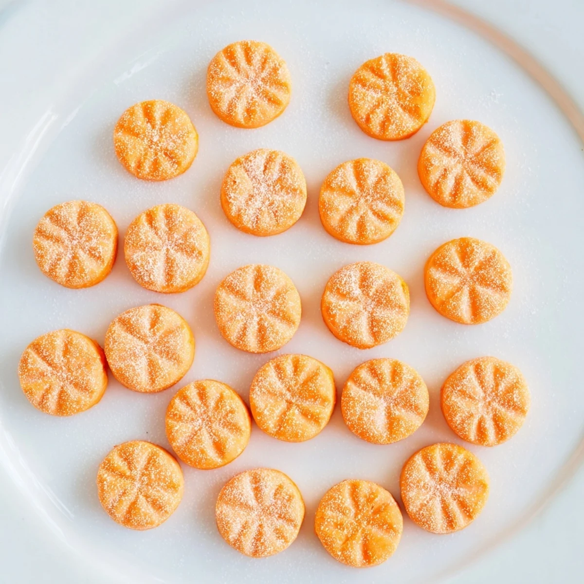 Small batch of homemade orange cream cheese mints arranged on a white platter