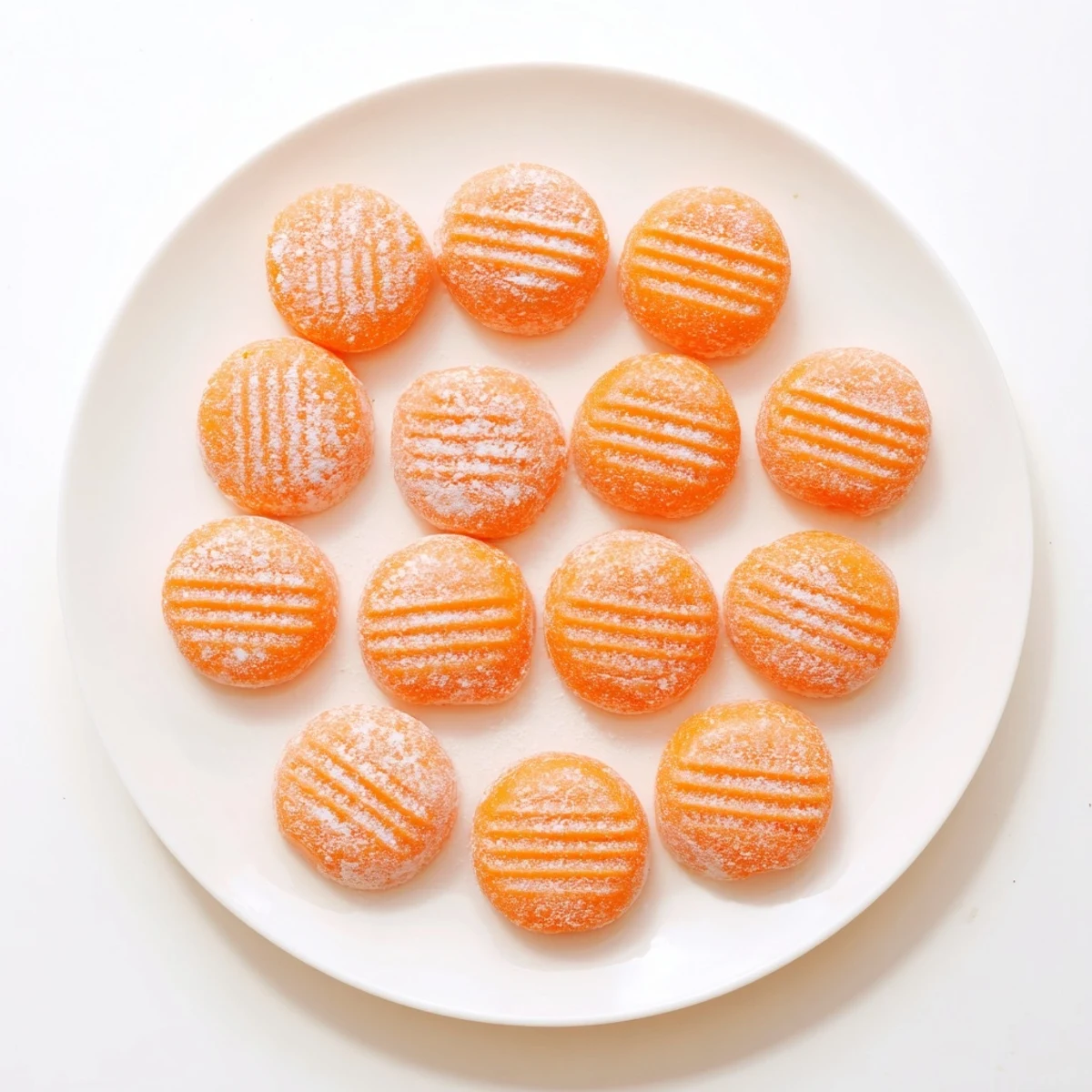 Vibrant orange cream cheese mints dusted with powdered sugar ready for serving
