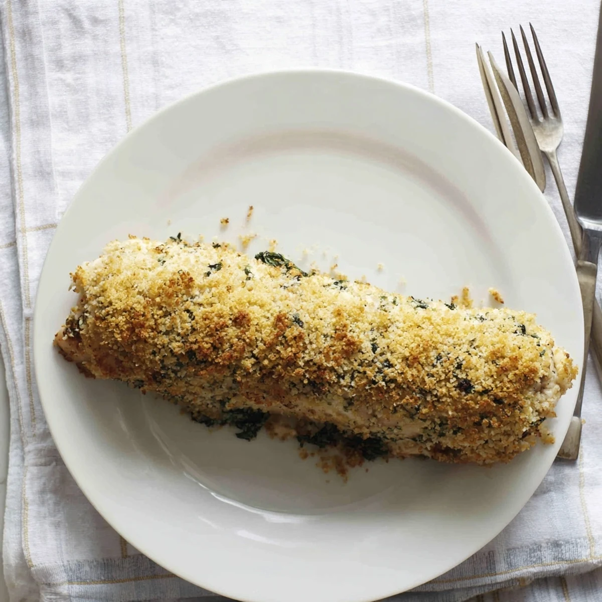 Golden brown herbed ricotta stuffed chicken rolls baked on a white baking sheet