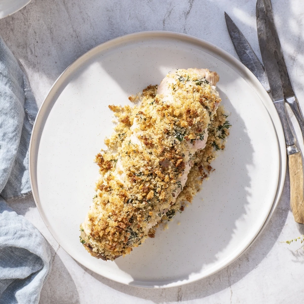 Sliced herbed ricotta stuffed chicken rolls revealing the white cheese filling inside