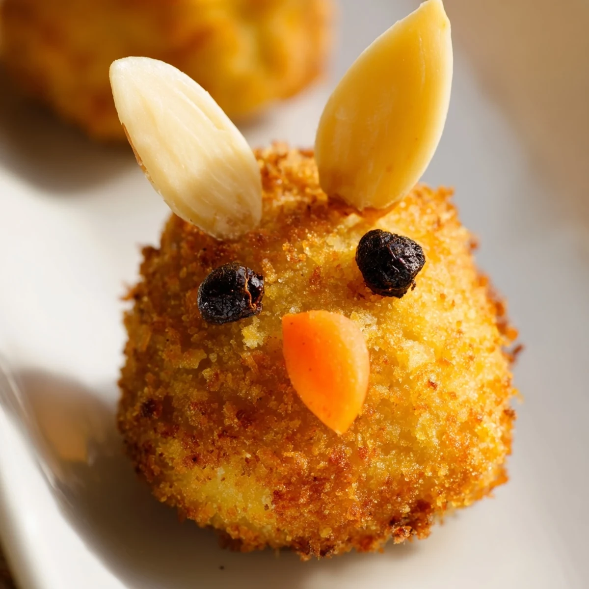 Golden brown Easter bunny potato croquettes with cute almond ears and carrot noses arranged on white serving platter