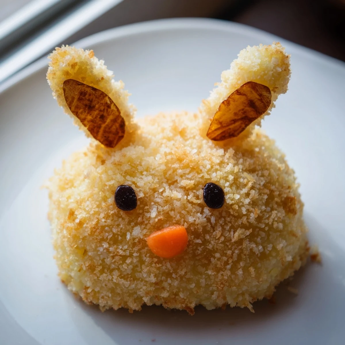 Oval shaped Easter bunny potato croquettes with fluffyParmesan interior and decorative almond ears displayed for holiday celebration