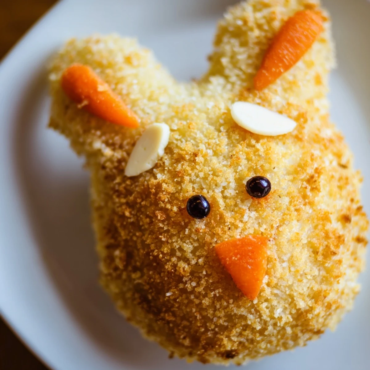 Fried potato croquettes shaped like bunnies featuring peppercorn eyes and crispy panko coating ready for festive Easter appetizer
