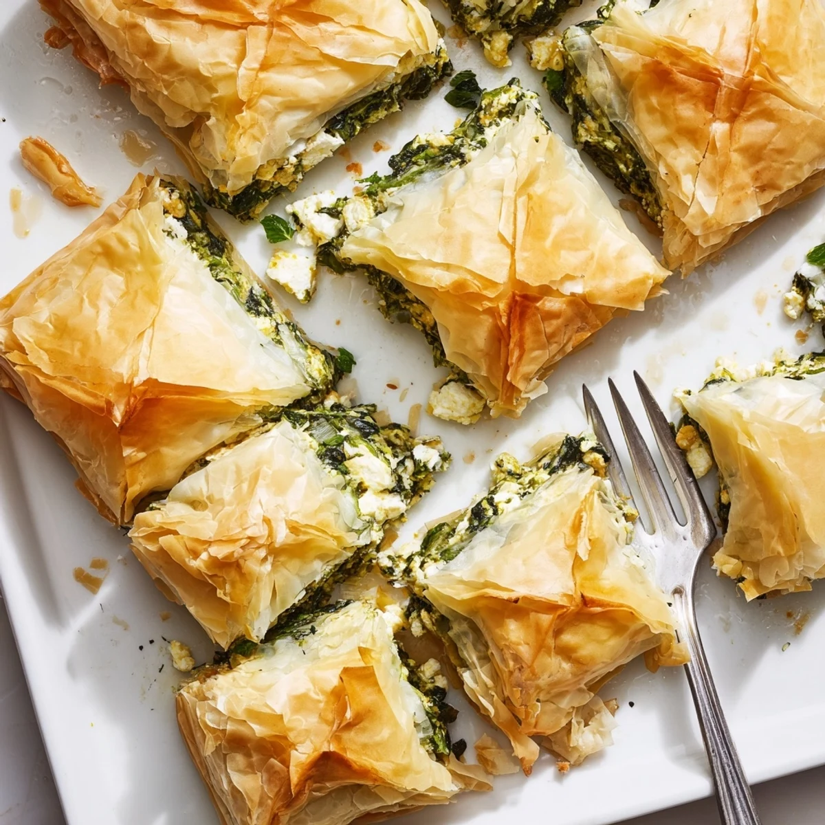 Savory authentic Greek spanakopita triangle revealing creamy spinach and herb cheese center