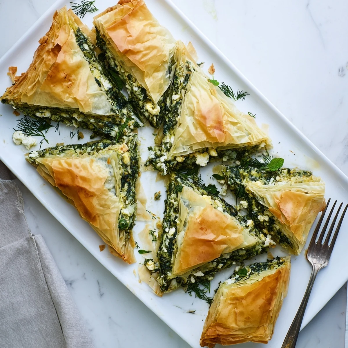 Flaky authentic Greek spanakopita pie baked until golden with spinach and feta