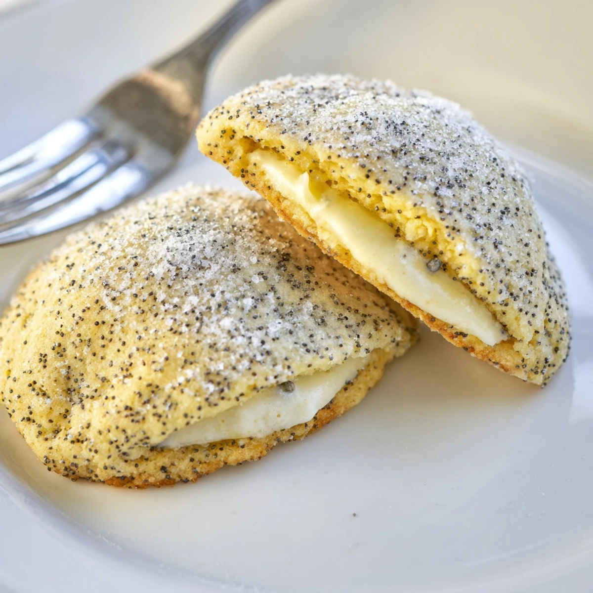 Soft lemon poppy seed cheesecake cookies with visible poppy seeds and bright lemon zest garnish