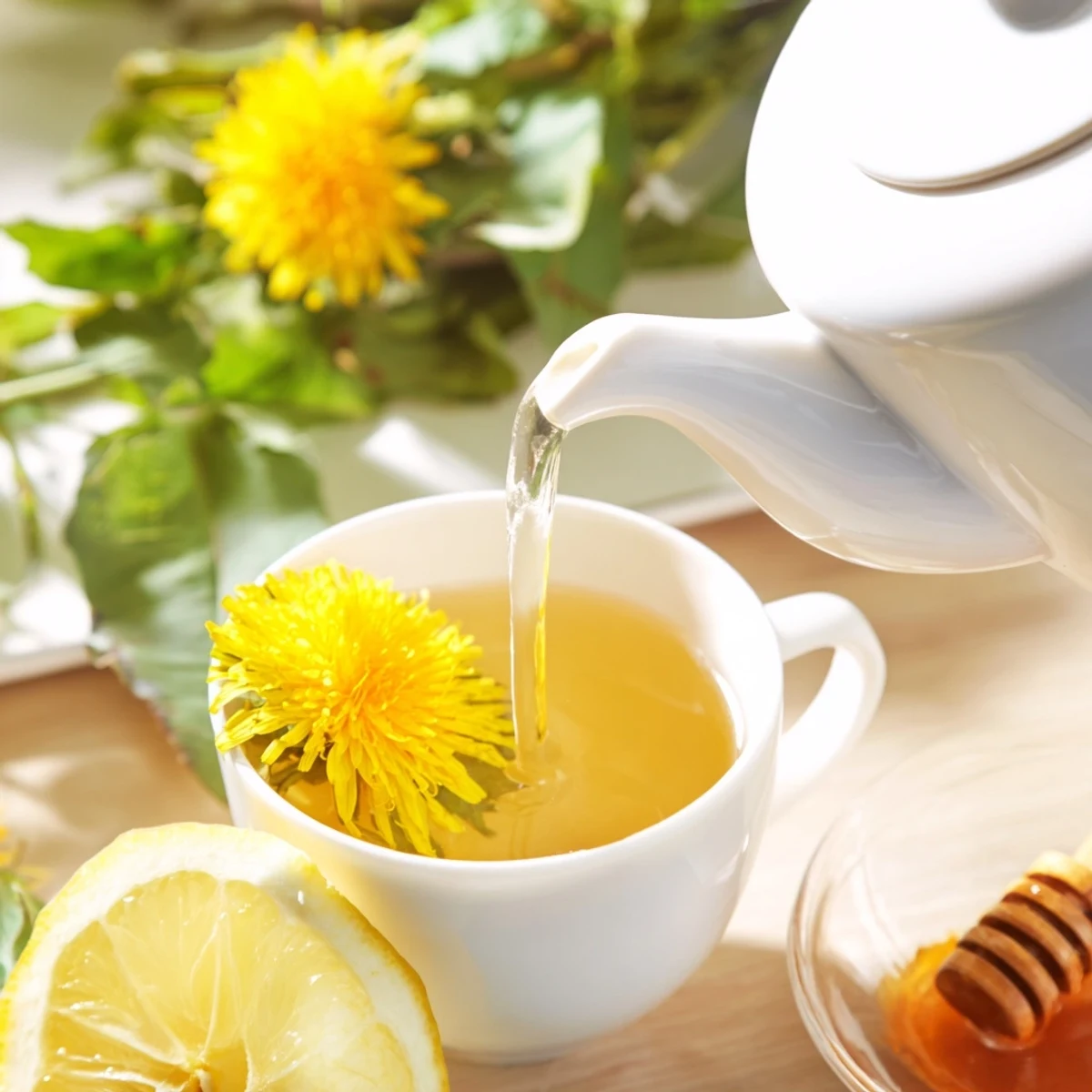 Golden dandelion tea steaming in white ceramic cup with fresh yellow petals garnish