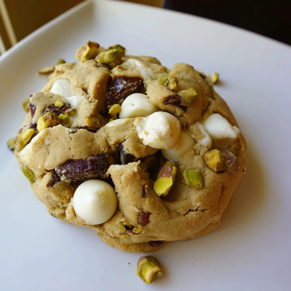 Golden brown Dubai chewy cookie studded with chopped dates and bright green pistachios