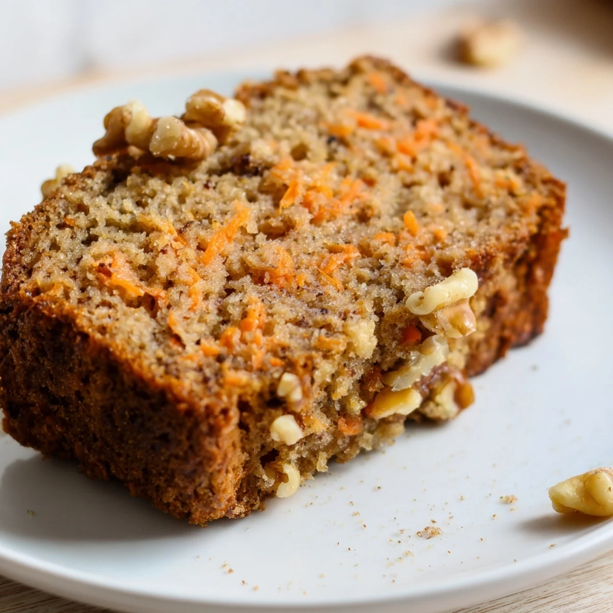 Golden carrot cake banana bread loaf with visible grated carrot pieces and a moist crumb texture