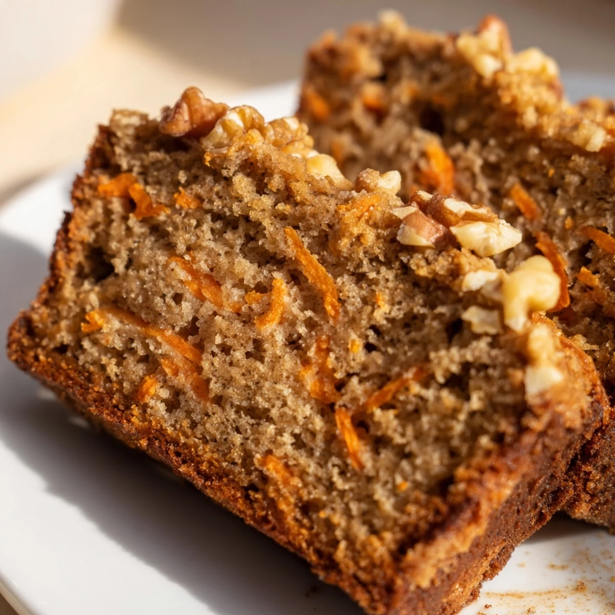Spiced carrot cake banana bread sliced on a wooden board with scattered chopped walnuts
