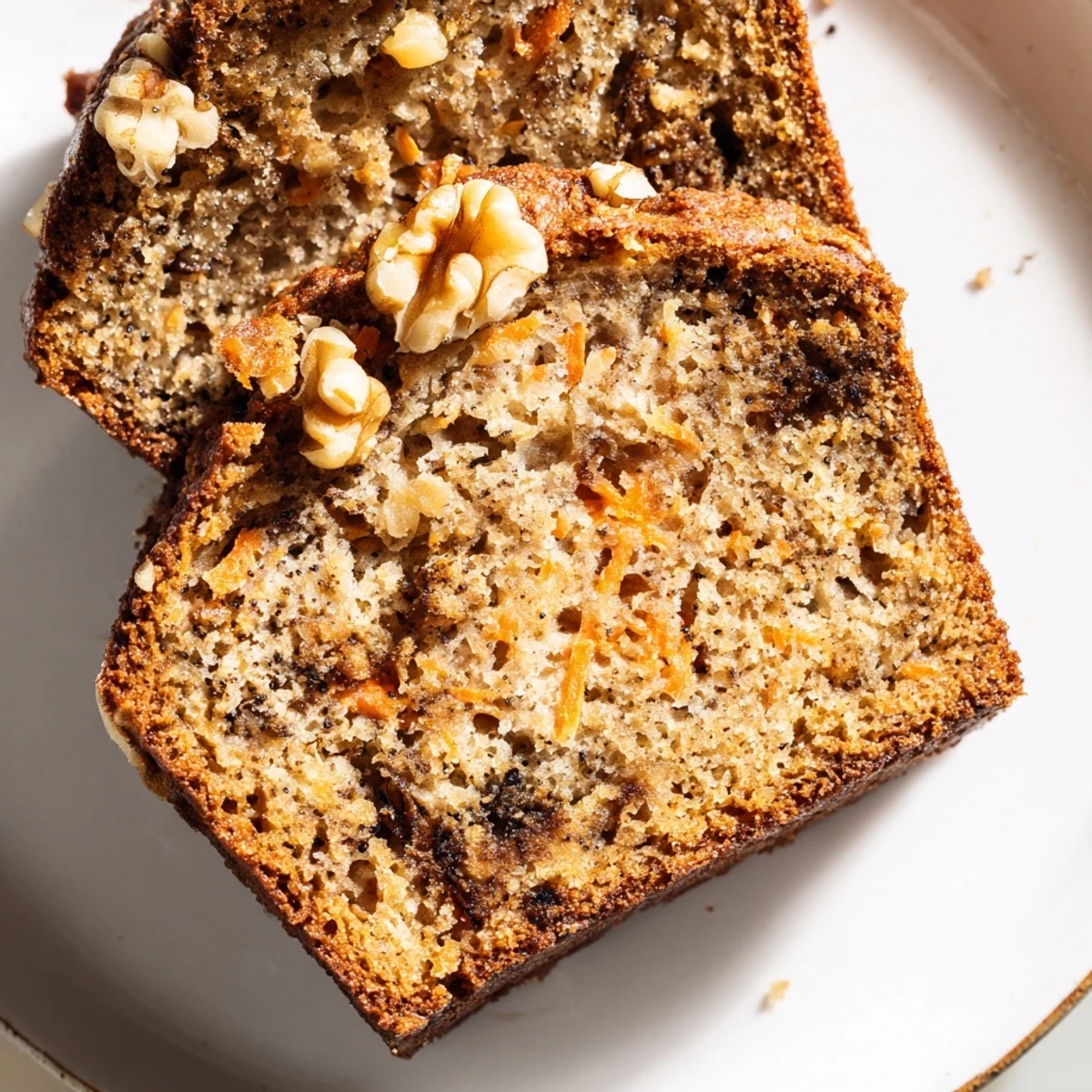 Thick slice of carrot cake banana bread topped with cream cheese frosting and cinnamon dusting