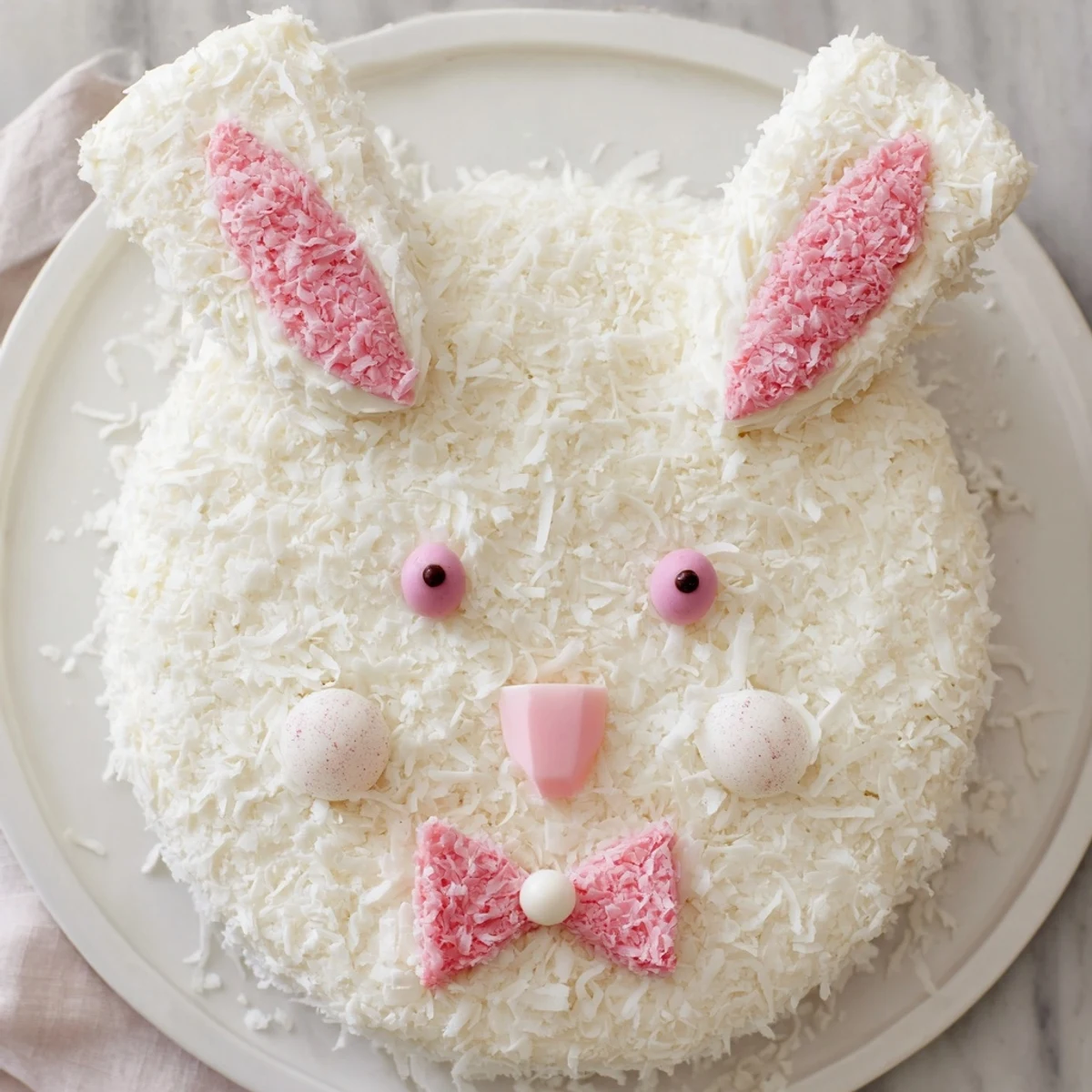 Easter bunny cake with buttercream frosting, shredded coconut fur, and fondant ears