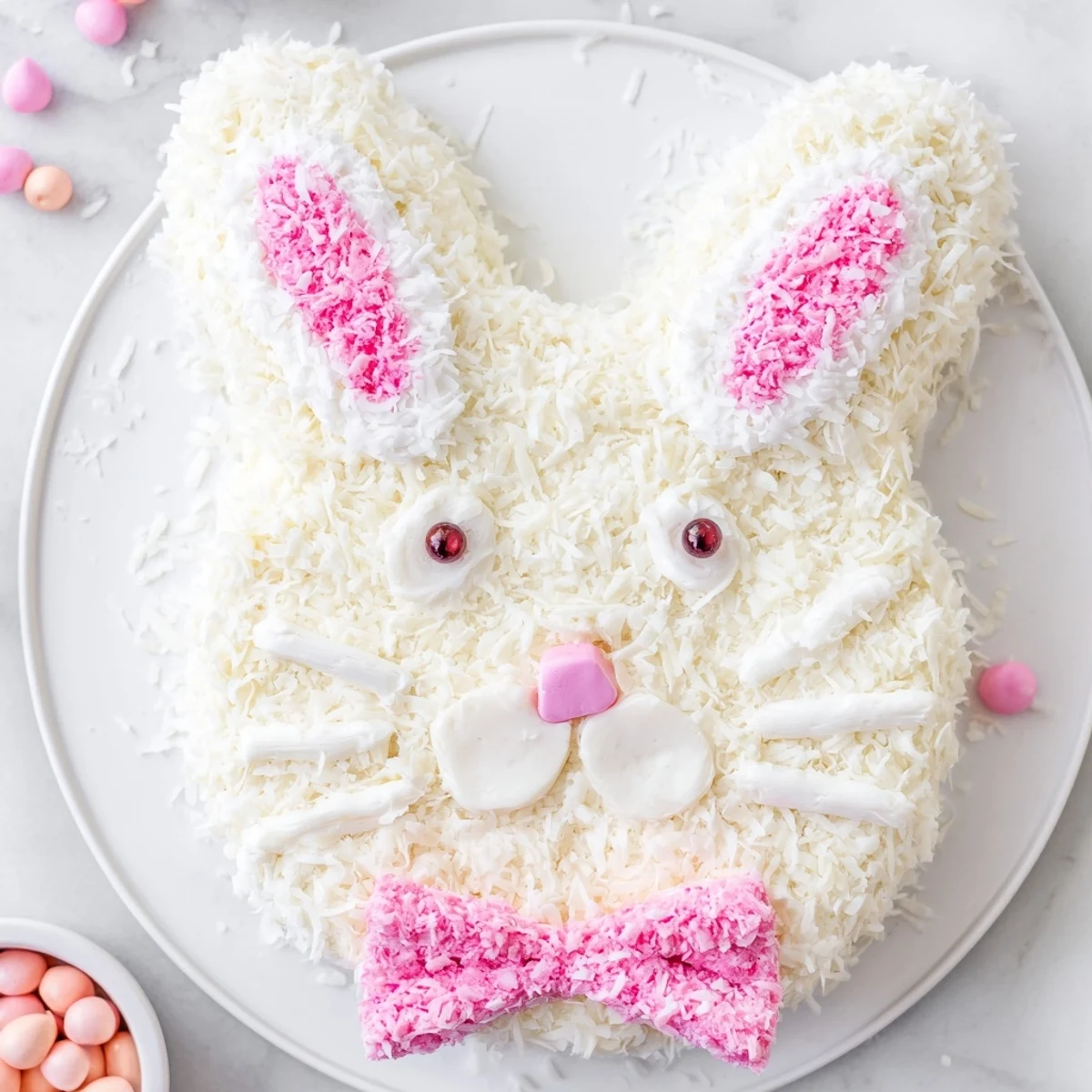 Whimsical bunny-shaped vanilla cake decorated with coconut and colorful spring candies