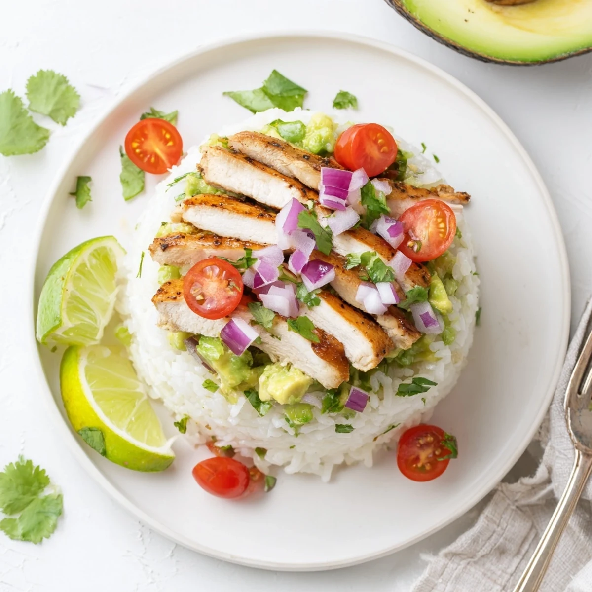 Golden sliced honey lime chicken atop fluffy rice with creamy diced avocado and red onion
