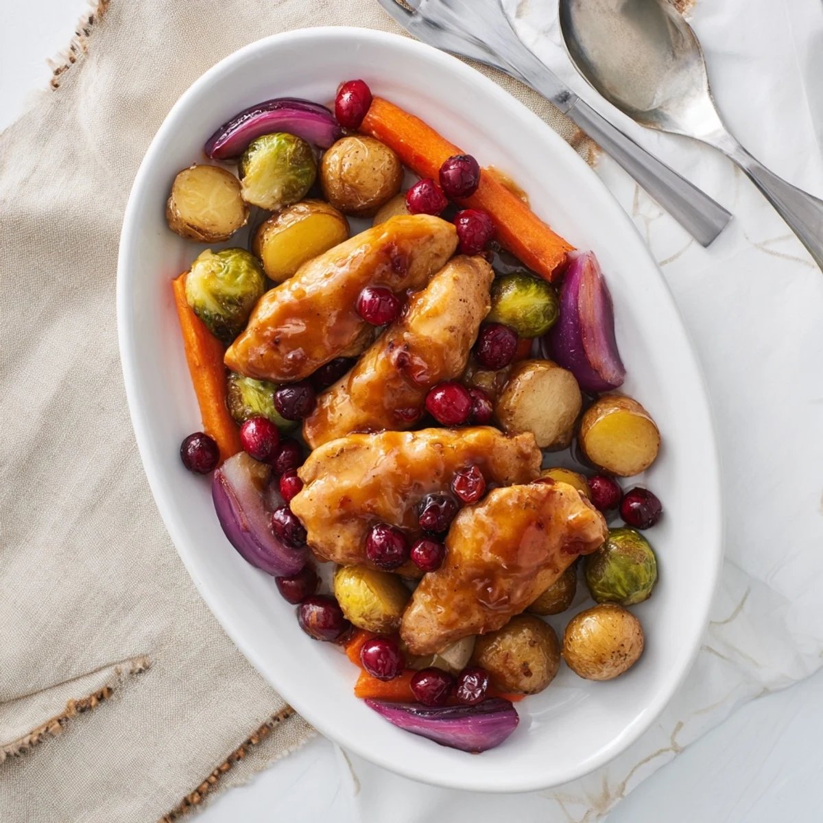 Golden glazed honey cranberry chicken roasted with colorful Brussels sprouts and potatoes on a baking sheet