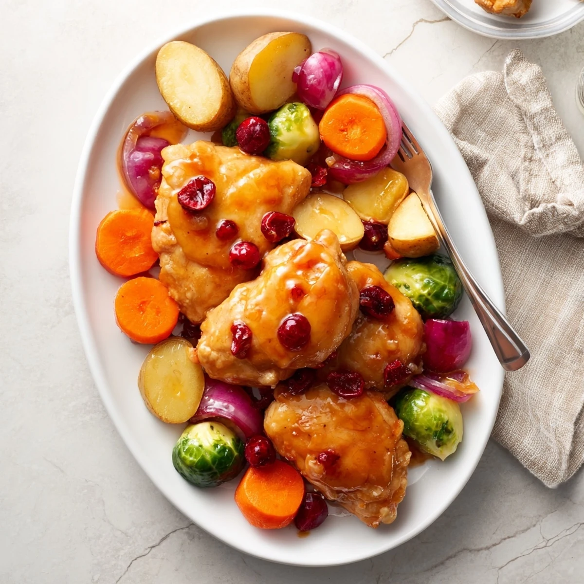 One pan honey cranberry chicken dinner featuring juicy breasts and tender caramelized vegetables ready for serving
