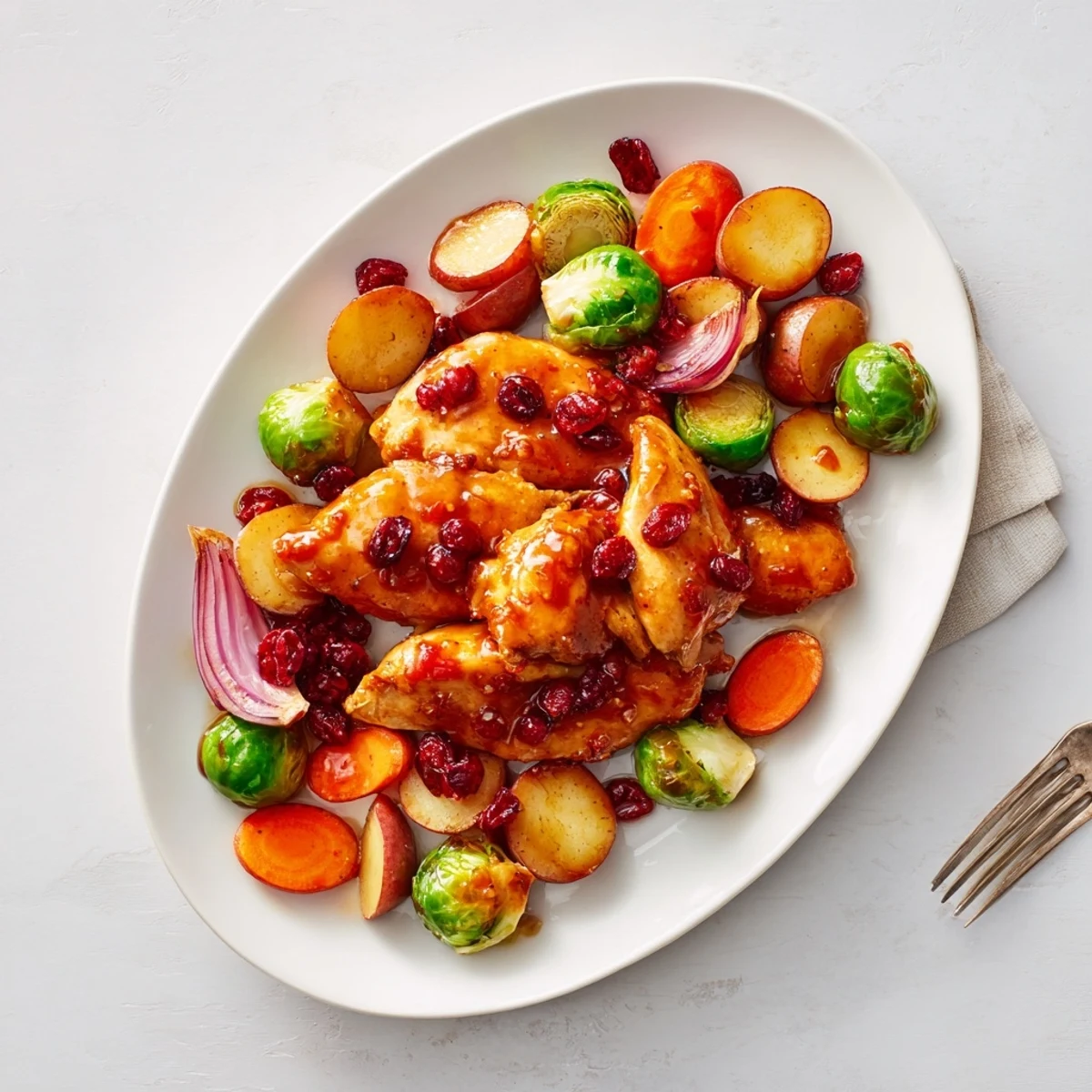 Wholesome chicken glazed in sweet honey cranberry sauce served alongside roasted seasonal veggies on a single sheet pan