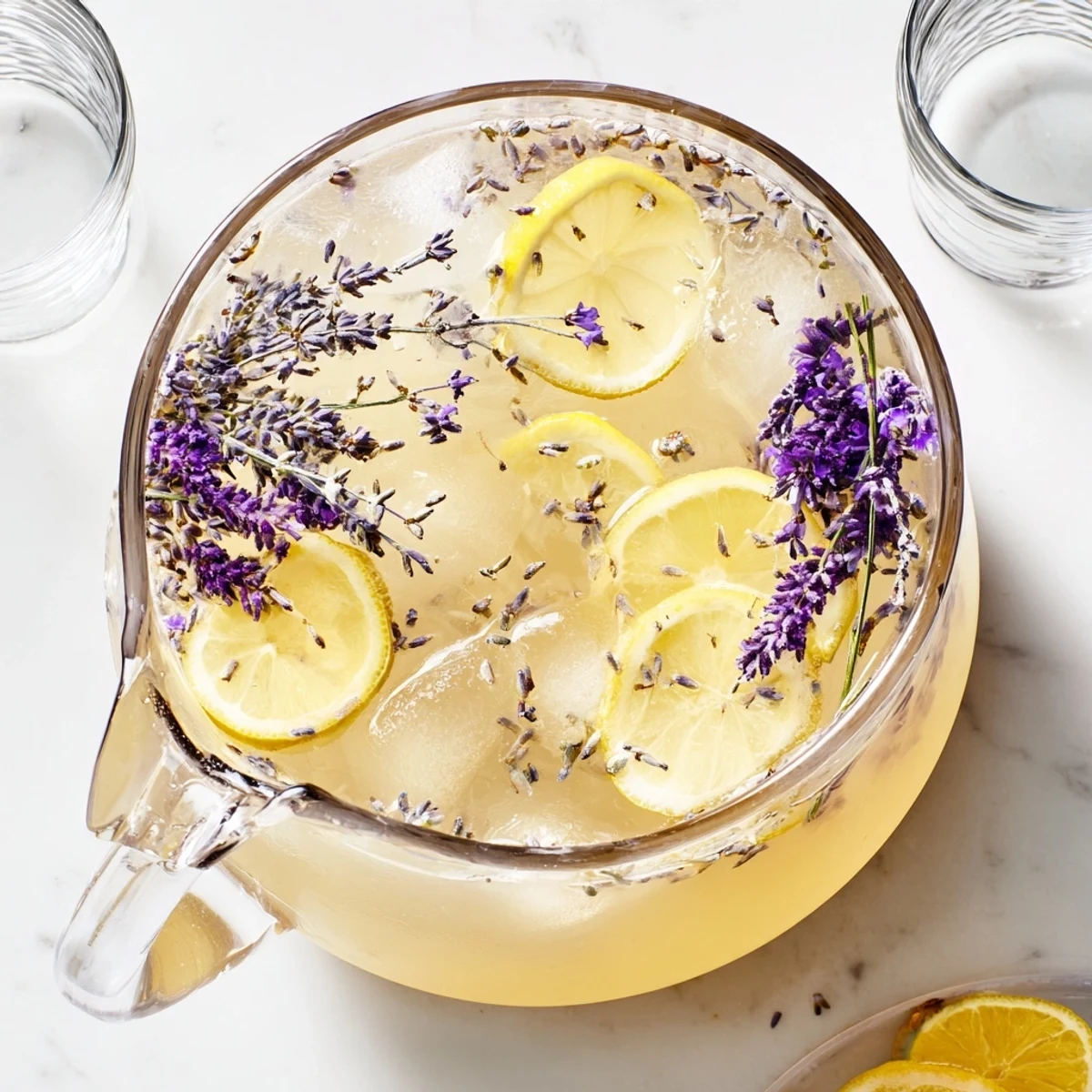 Refreshing lavender lemonade served over ice in a tall glass with floating lavender buds
