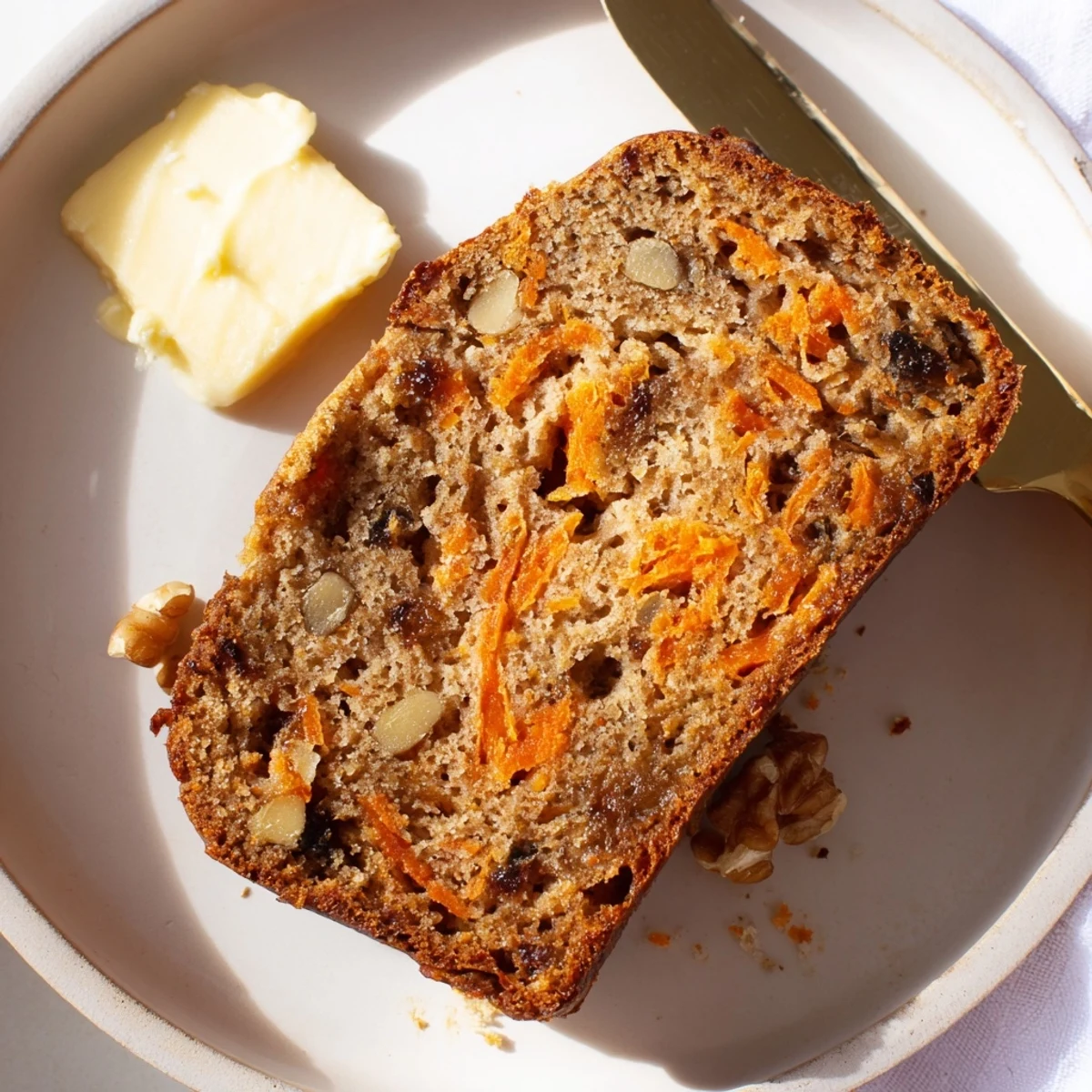 Warm slice of spiced carrot cake banana bread topped with chopped walnuts on a white plate