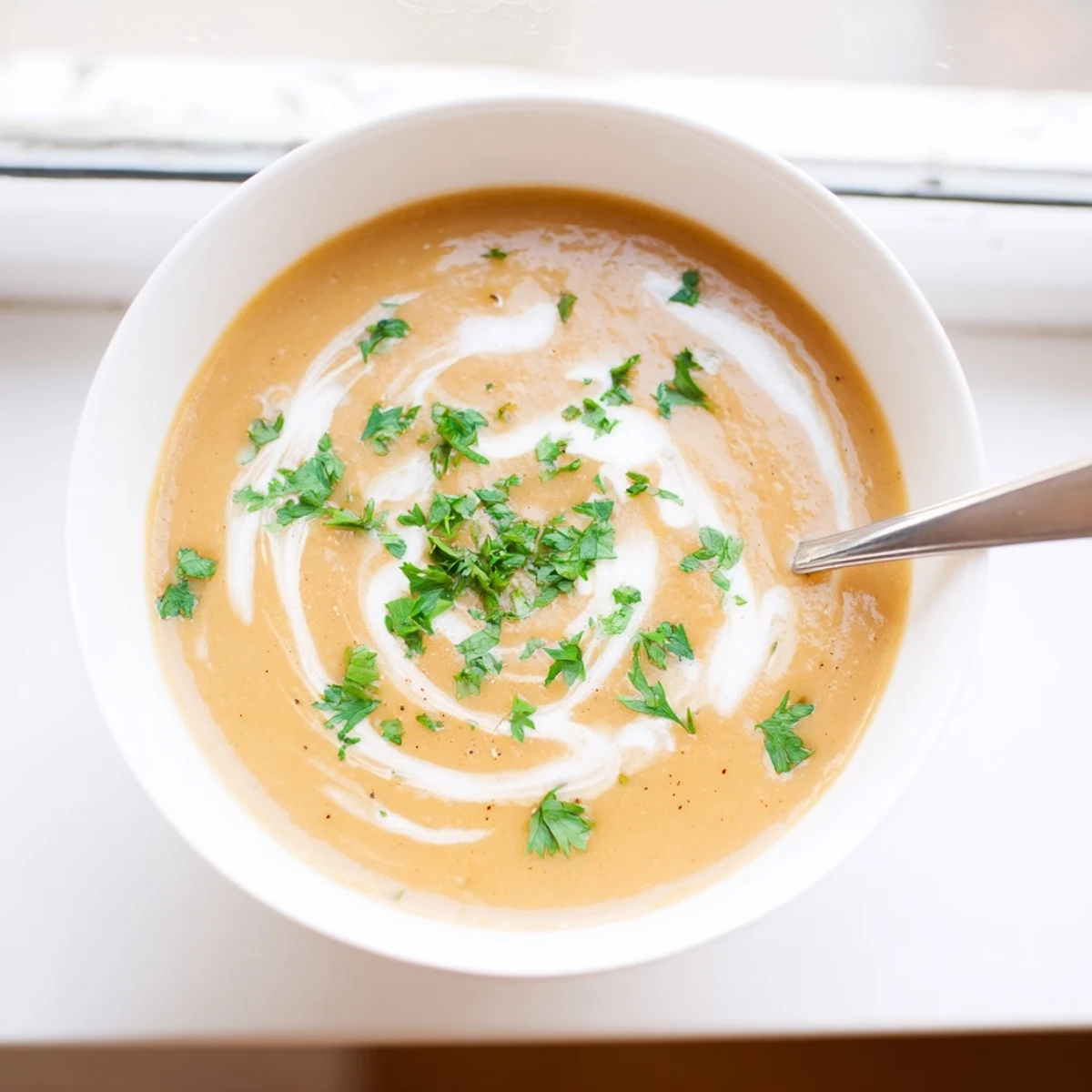 Creamy spicy apple soup in white bowl topped with coconut cream swirl and fresh herbs
