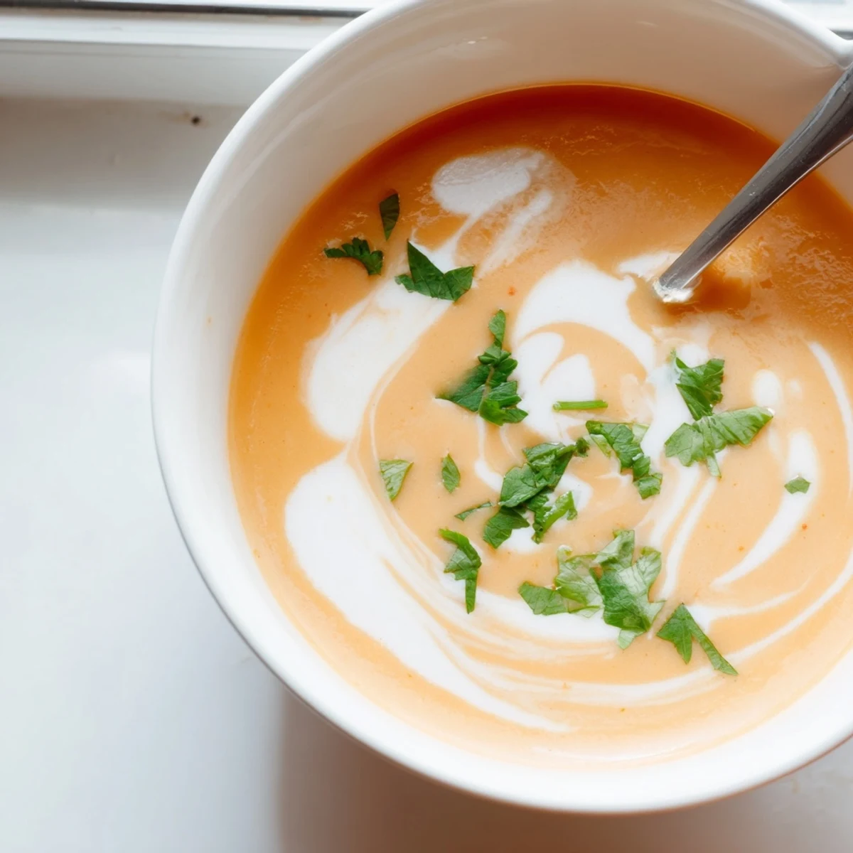Golden savory spicy apple soup ladled into serving bowl with crusty bread on side