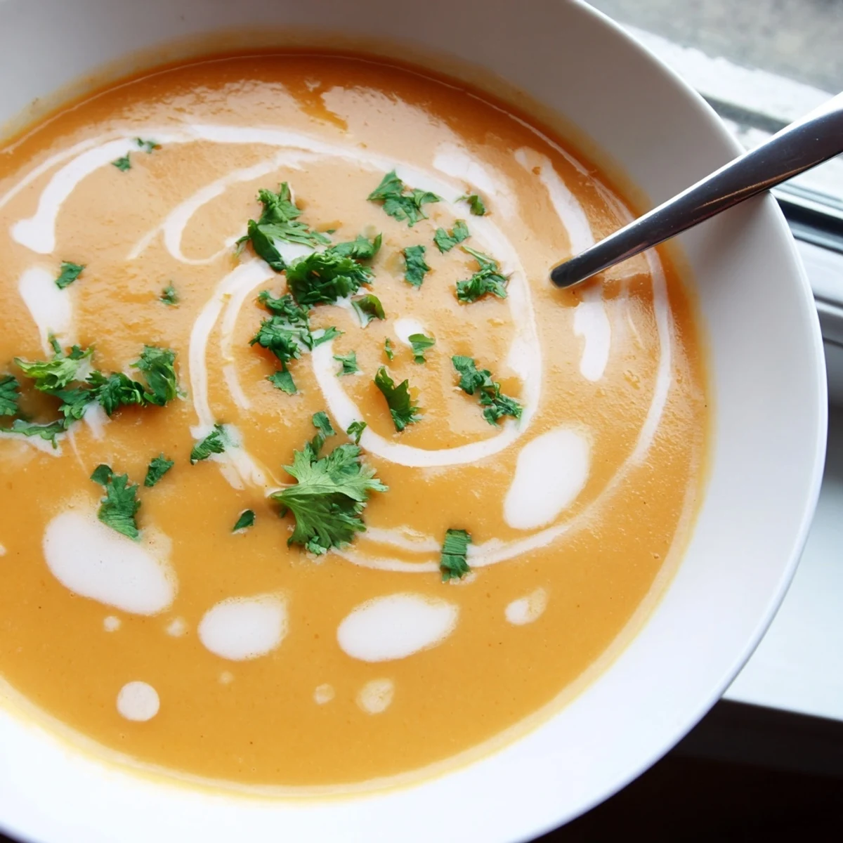 Smooth velvety spicy apple soup garnished with chopped coriander and drizzled coconut cream