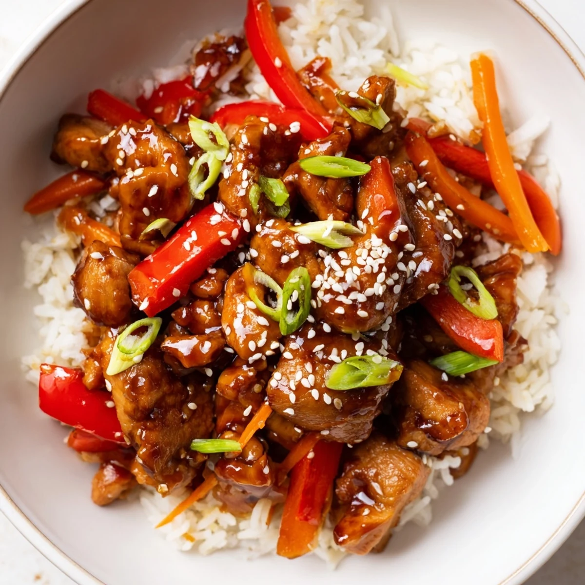 Glistening One Pan Korean BBQ Chicken and Rice in a cast iron skillet topped with sesame seeds