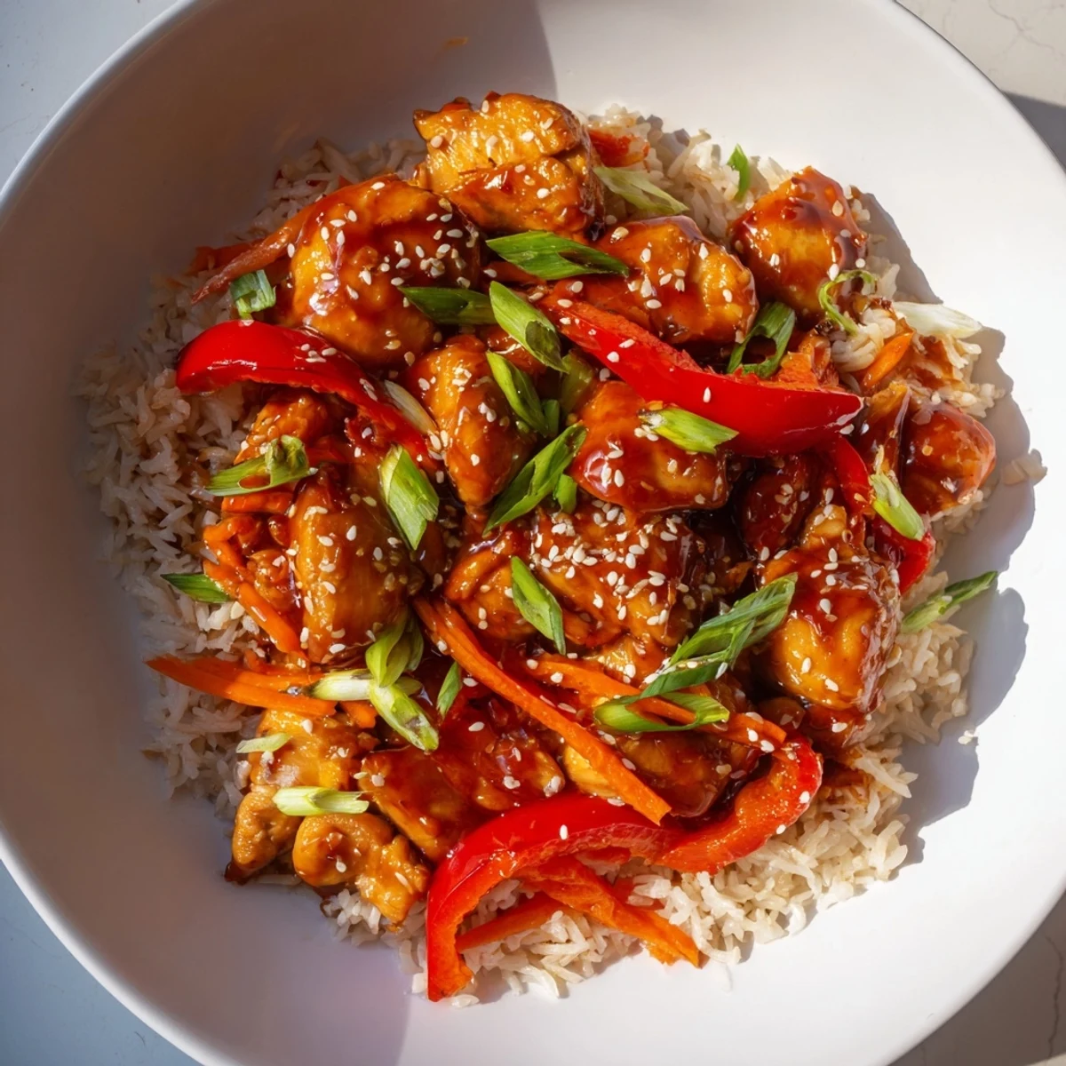 One Pan Korean BBQ Chicken and Rice with colorful vegetables steaming in a deep skillet