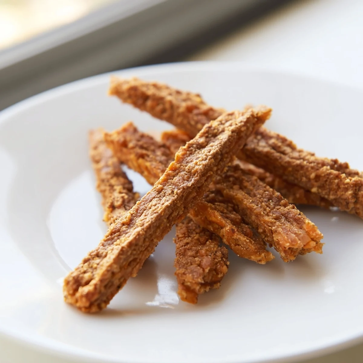 Golden brown apple and carrot dog chew sticks arranged on parchment paper for homemade treats