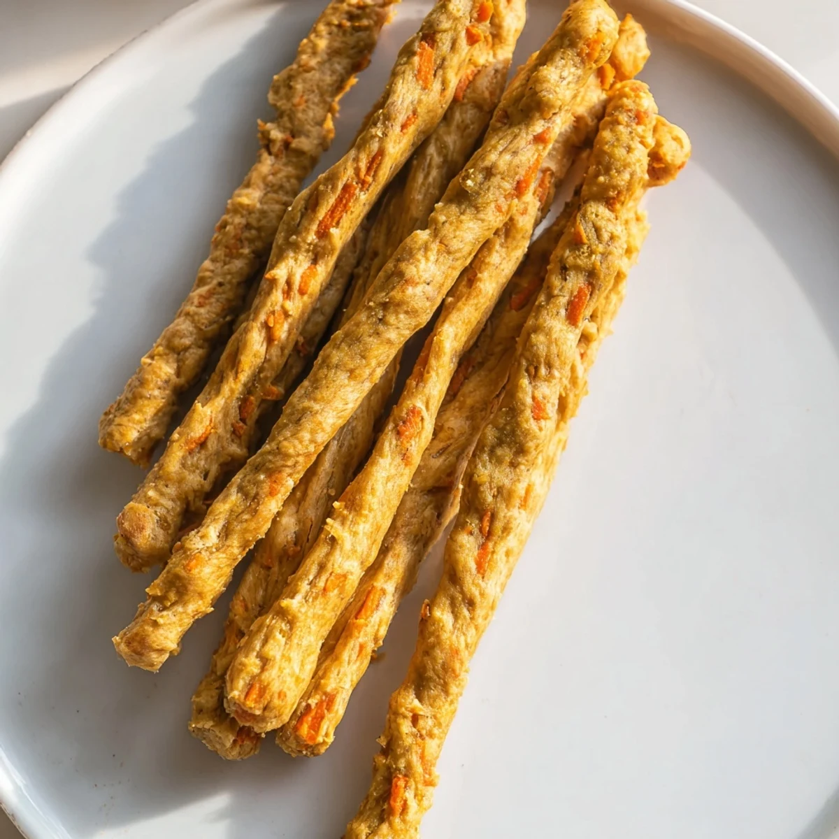 Crunchy homemade apple and carrot dog chew sticks perfect as healthy rewards for pups