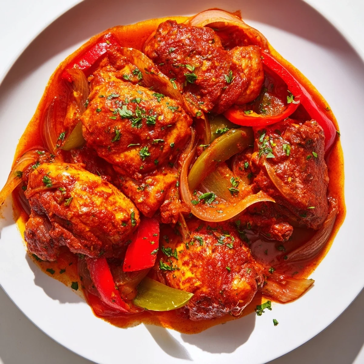 Senegalese chicken simmered in rich tomato sauce with colorful bell peppers