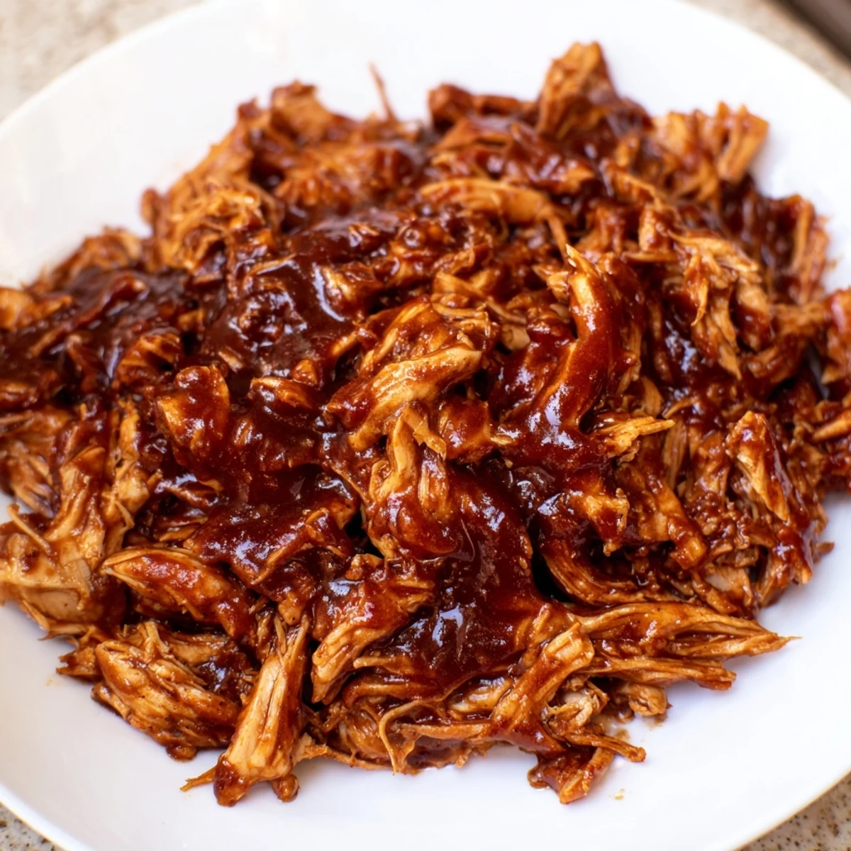 Tender Sweet Baby Ray's crockpot chicken smothered in rich, glossy barbecue sauce on a white plate