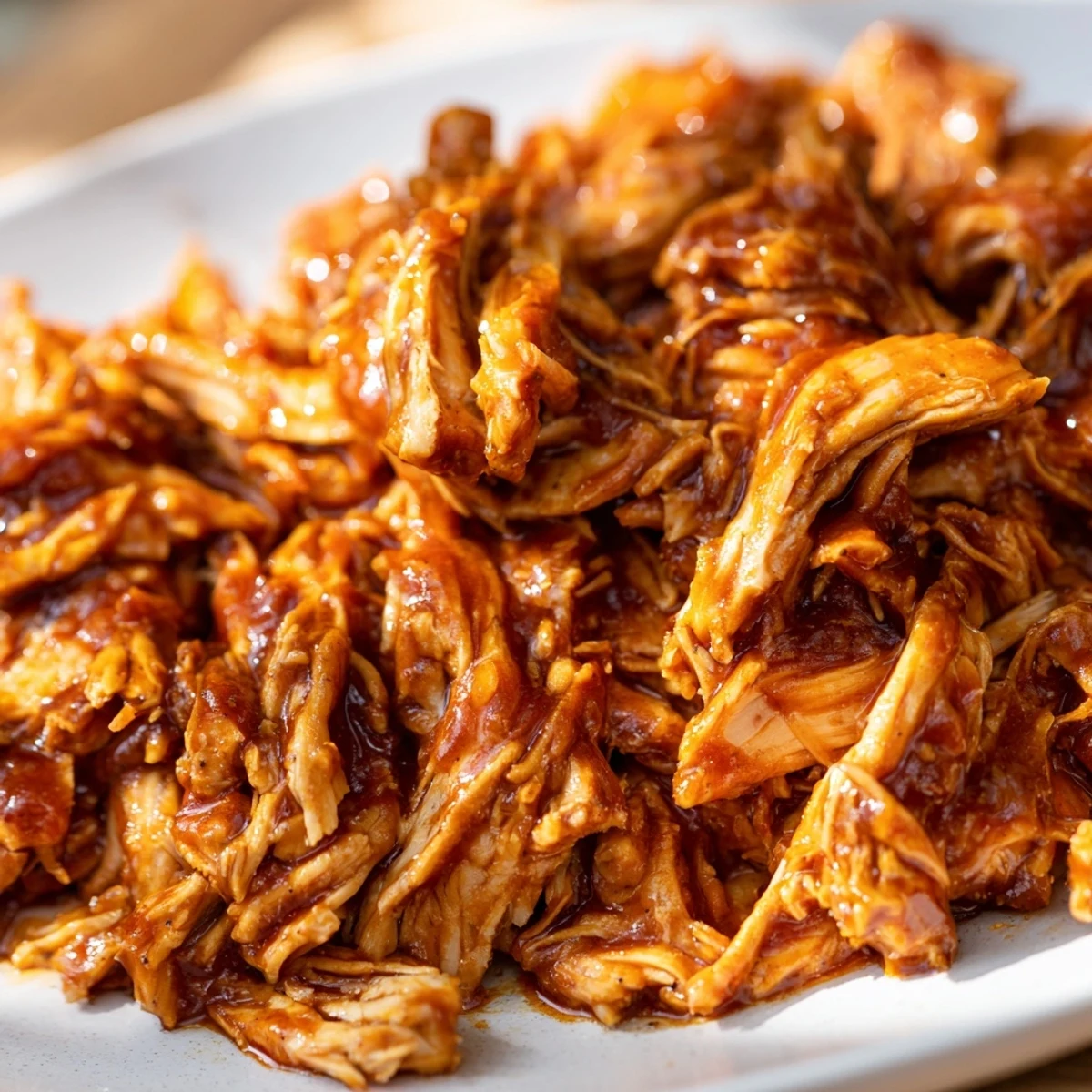 Sweet Baby Ray's crockpot chicken shredded and glistening with tangy homemade honey BBQ glaze