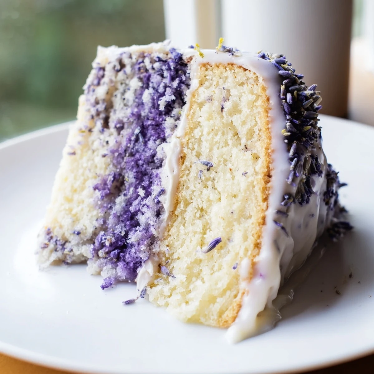 Fragrant lavender cake with lemon glaze drizzled over a tender golden crumb