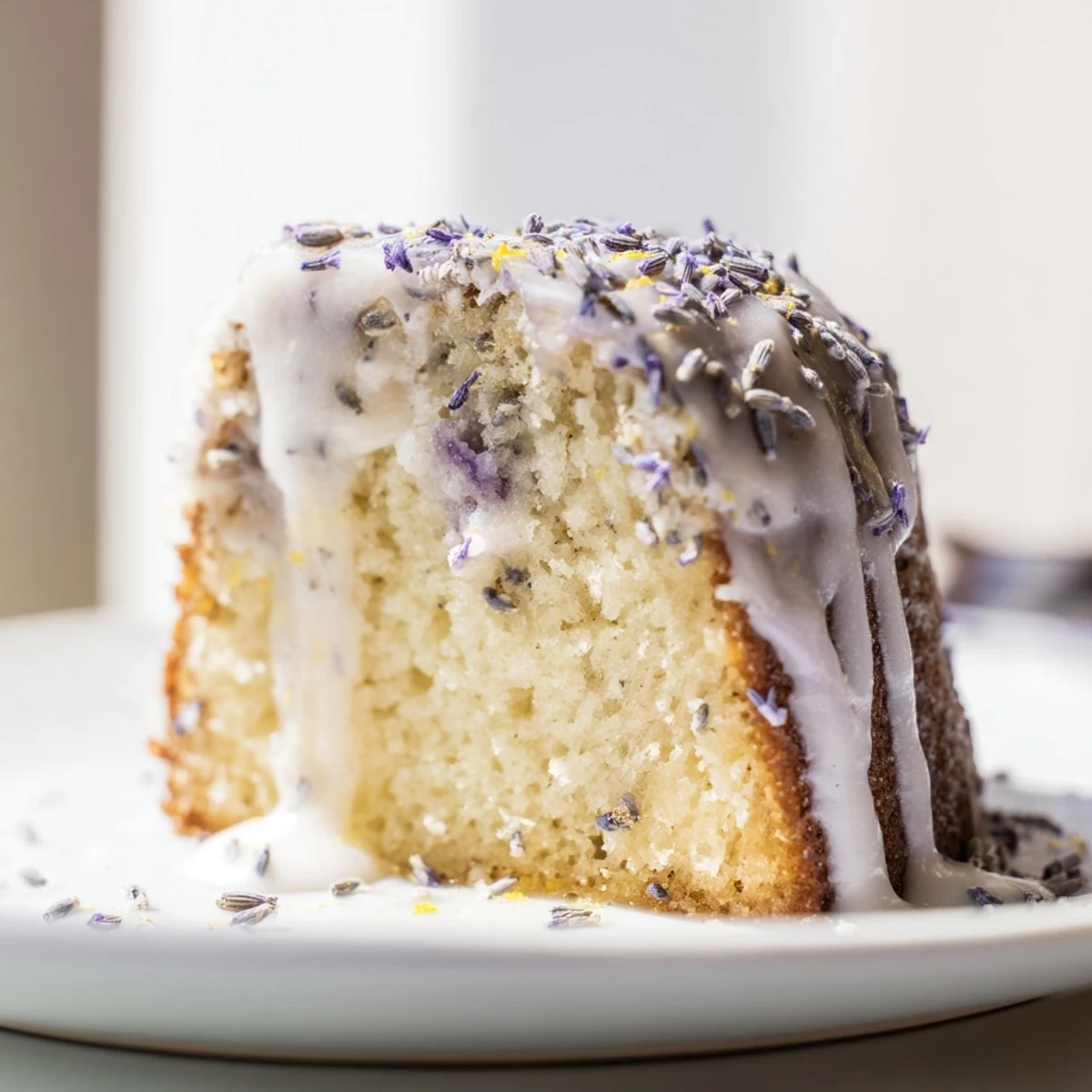 Soft lavender cake slice topped with sweet citrus glaze and purple buds