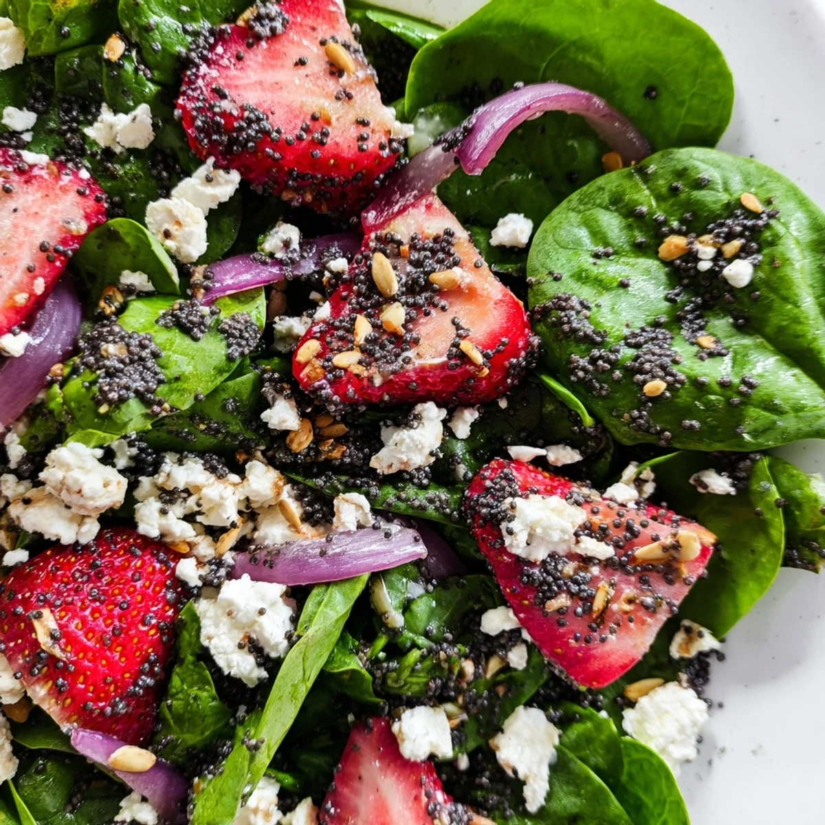 Fresh strawberry spinach salad topped with crumbled feta cheese and toasted almonds in bowl