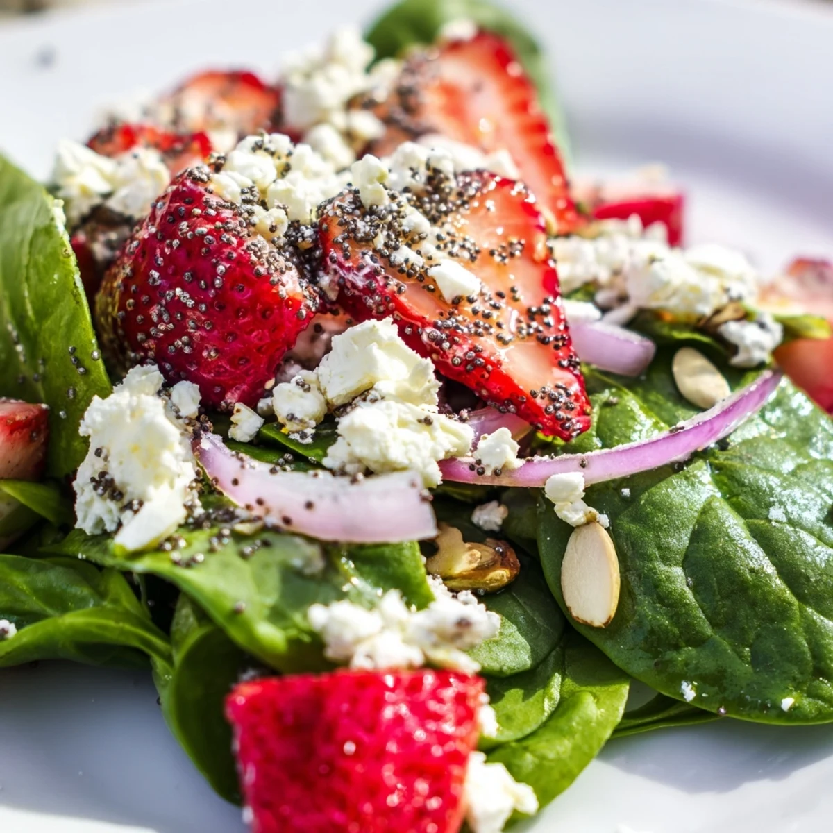 Bright strawberry spinach salad with sliced red onion creamy feta and glossy balsamic dressing