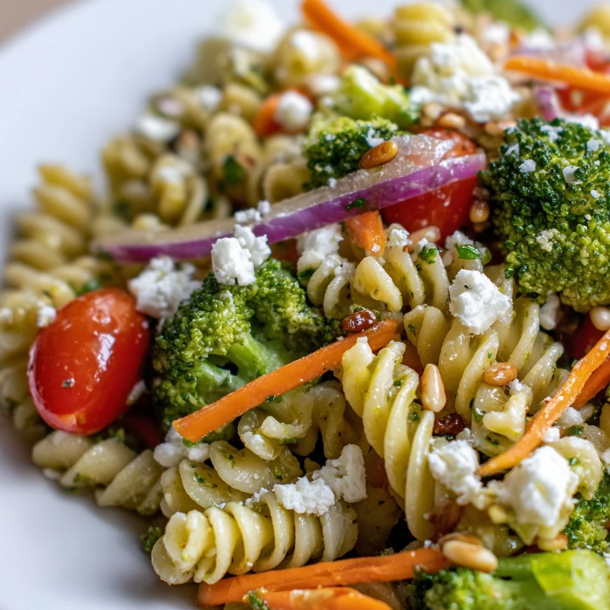 Fresh broccoli pasta salad topped with crumbled feta cheese and toasted sunflower seeds