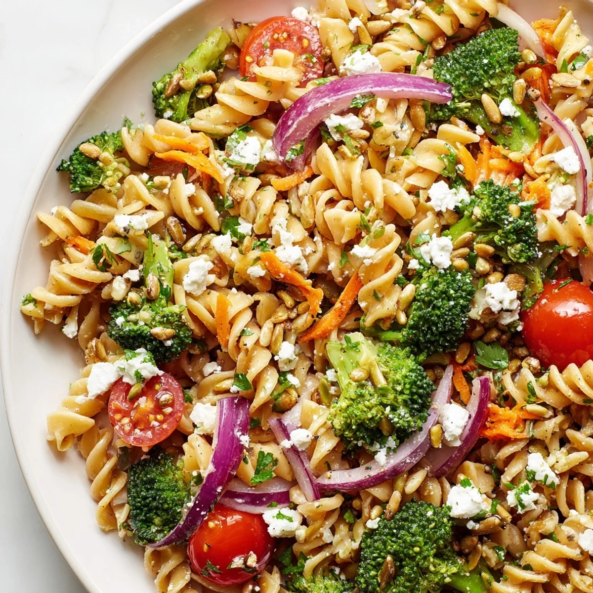 Colorful broccoli pasta salad with cherry tomatoes and shredded carrots in lemon dressing