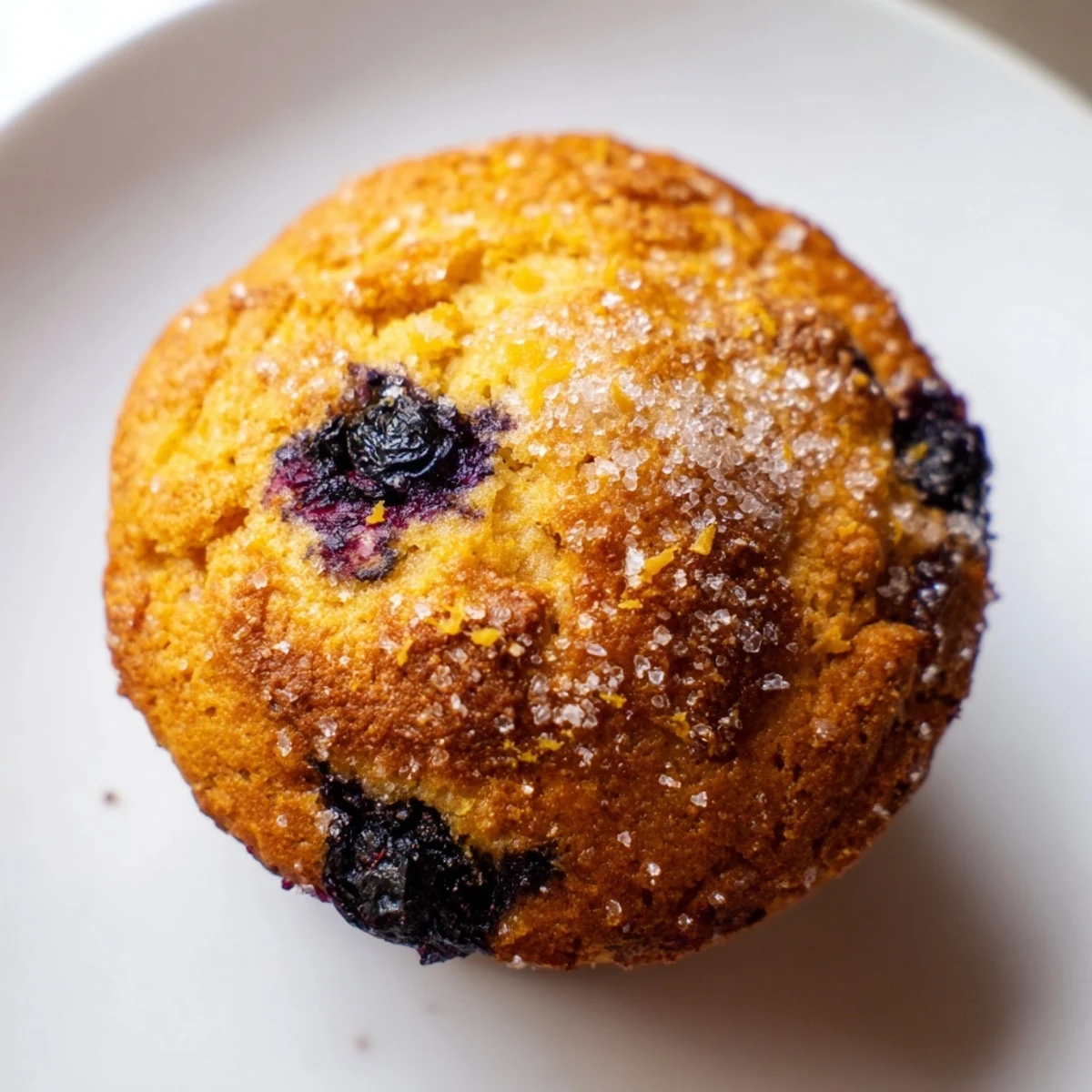 Golden lemon blueberry muffins topped with sparkling sugar on a rustic cooling rack