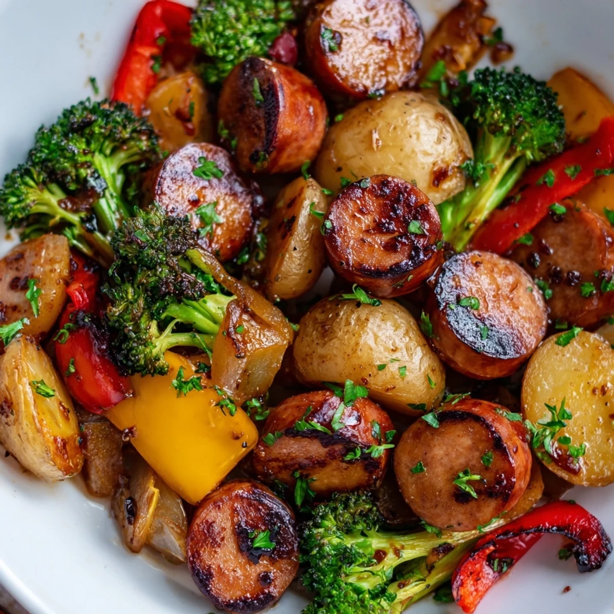 One Pan Honey Garlic Kielbasa Veggies with caramelized broccoli and golden sausage slices on sheet pan