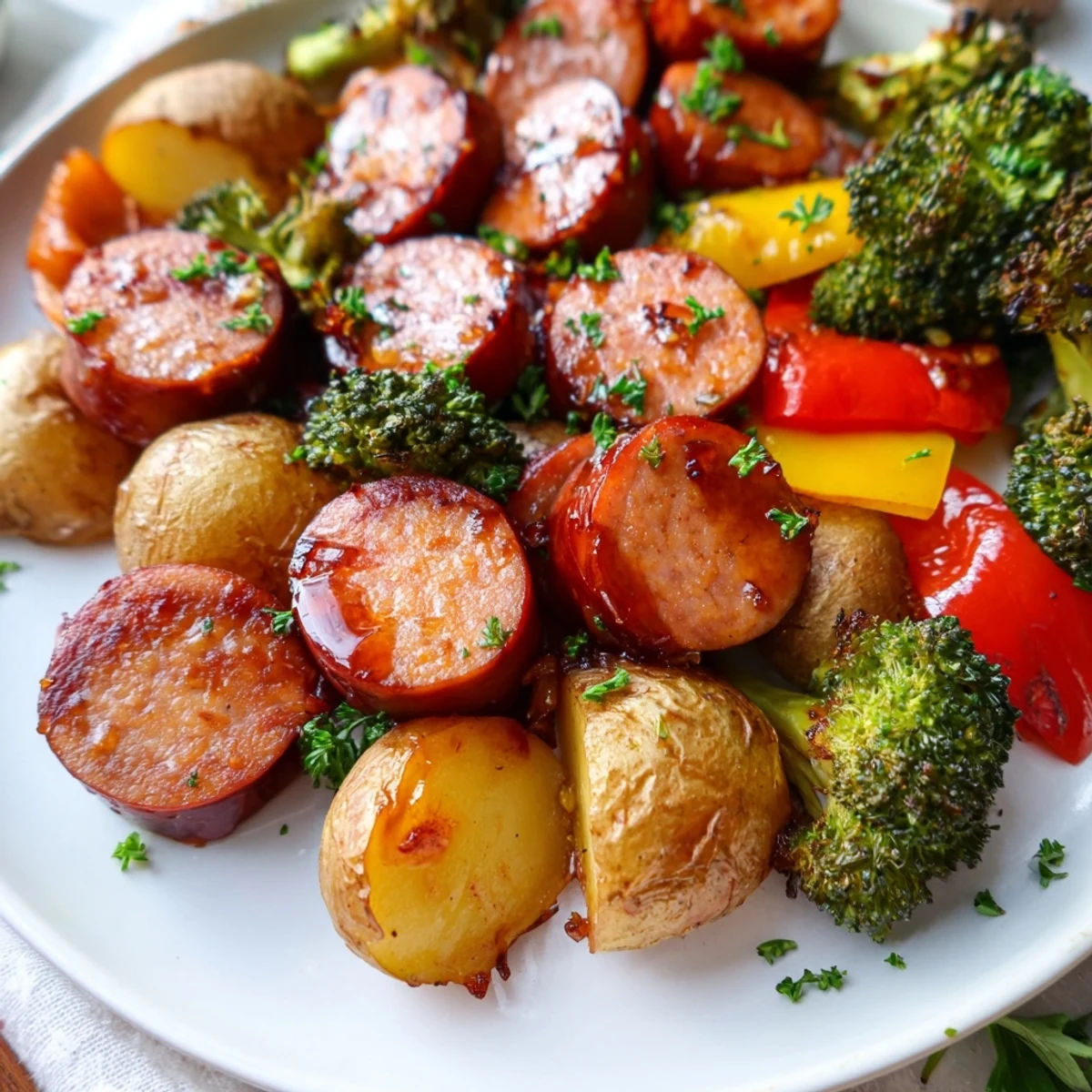 Honey garlic glazed kielbasa and colorful roasted vegetables steaming on a parchment-lined baking tray