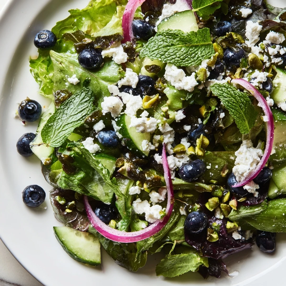 Blueberry Pistachio Spring Salad topped with crumbled feta and chopped nuts on a white serving plate