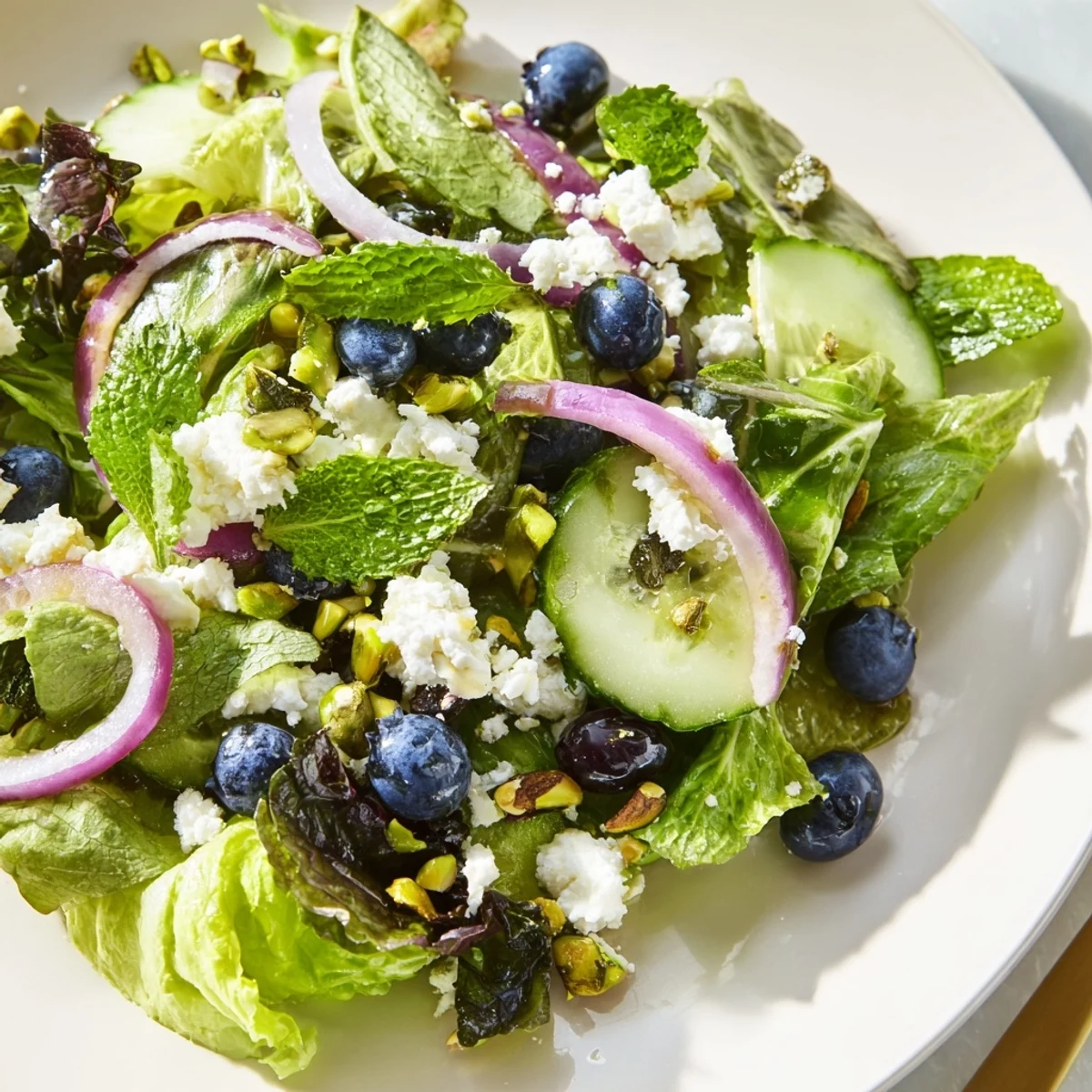 Fresh Blueberry Pistachio Spring Salad with cucumber slices, red onion, and zesty lemon-honey vinaigrette dressing