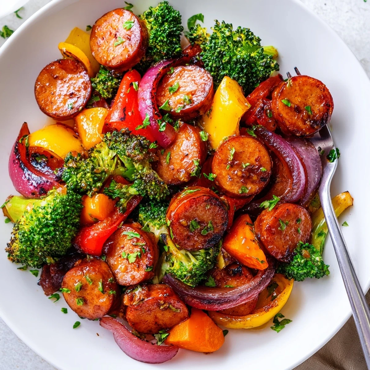 Glistening honey garlic kielbasa with colorful roasted vegetables on a sheet pan